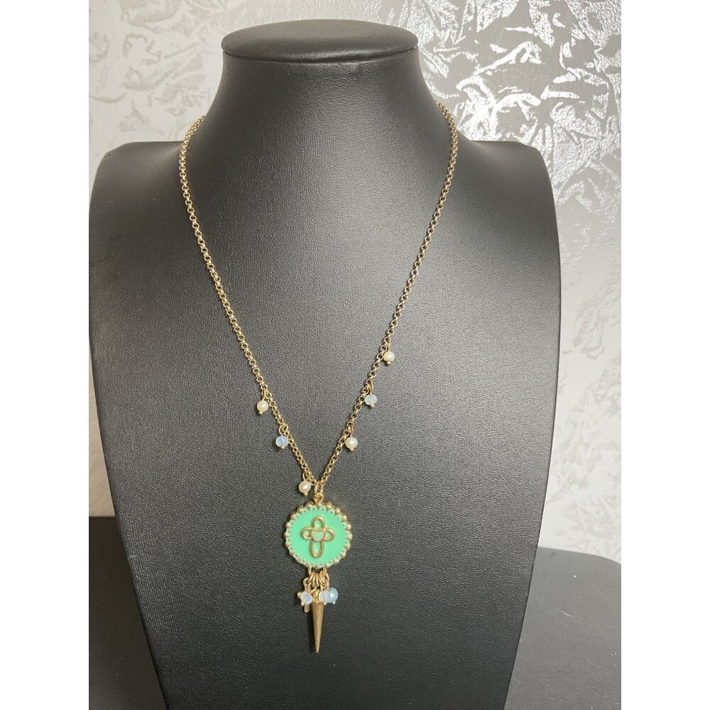 Gold Chain Necklace With Mint Green Pendant & Beads